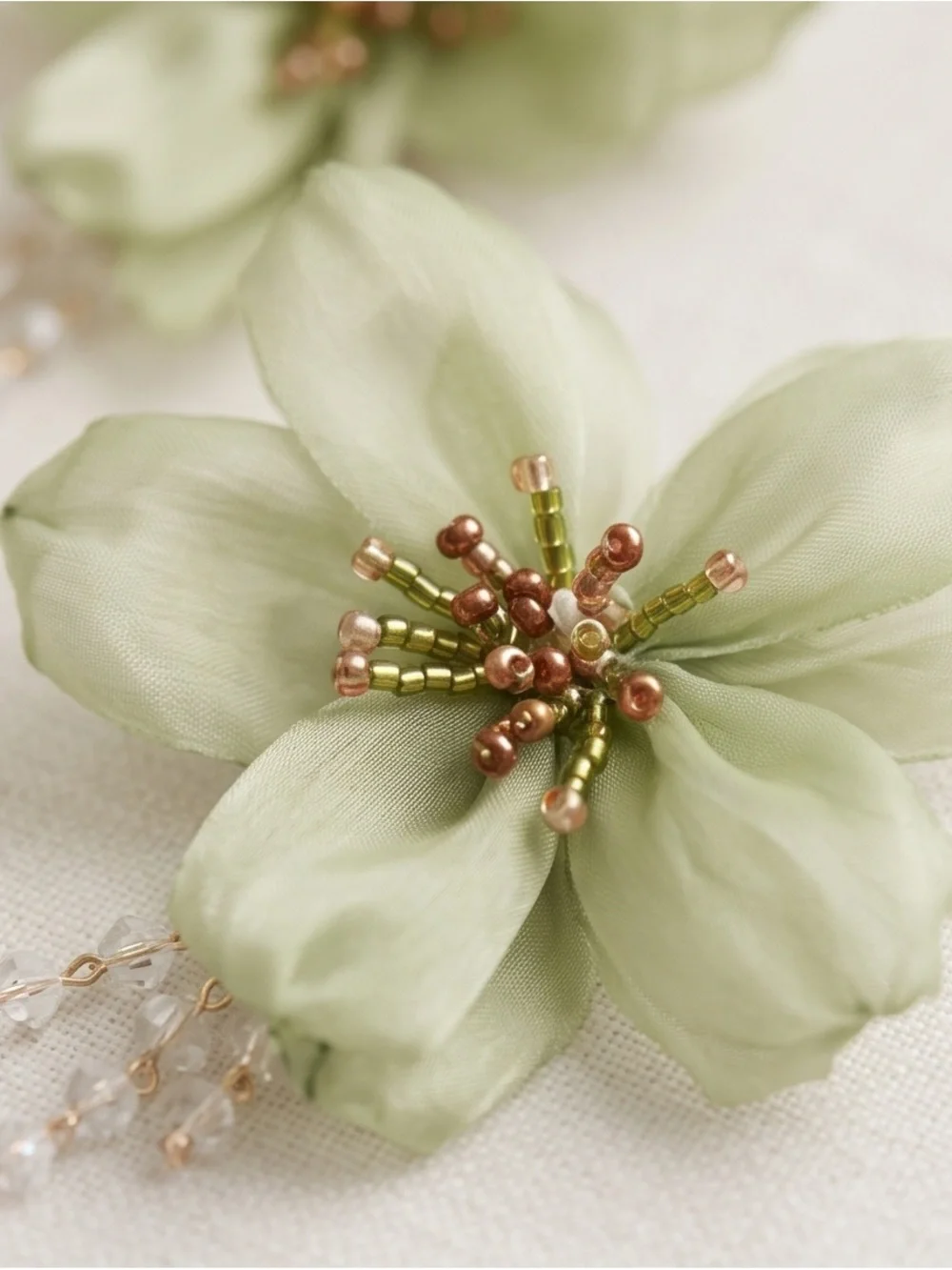 Sage Floral Drop Earrings with Gold Bead Accents